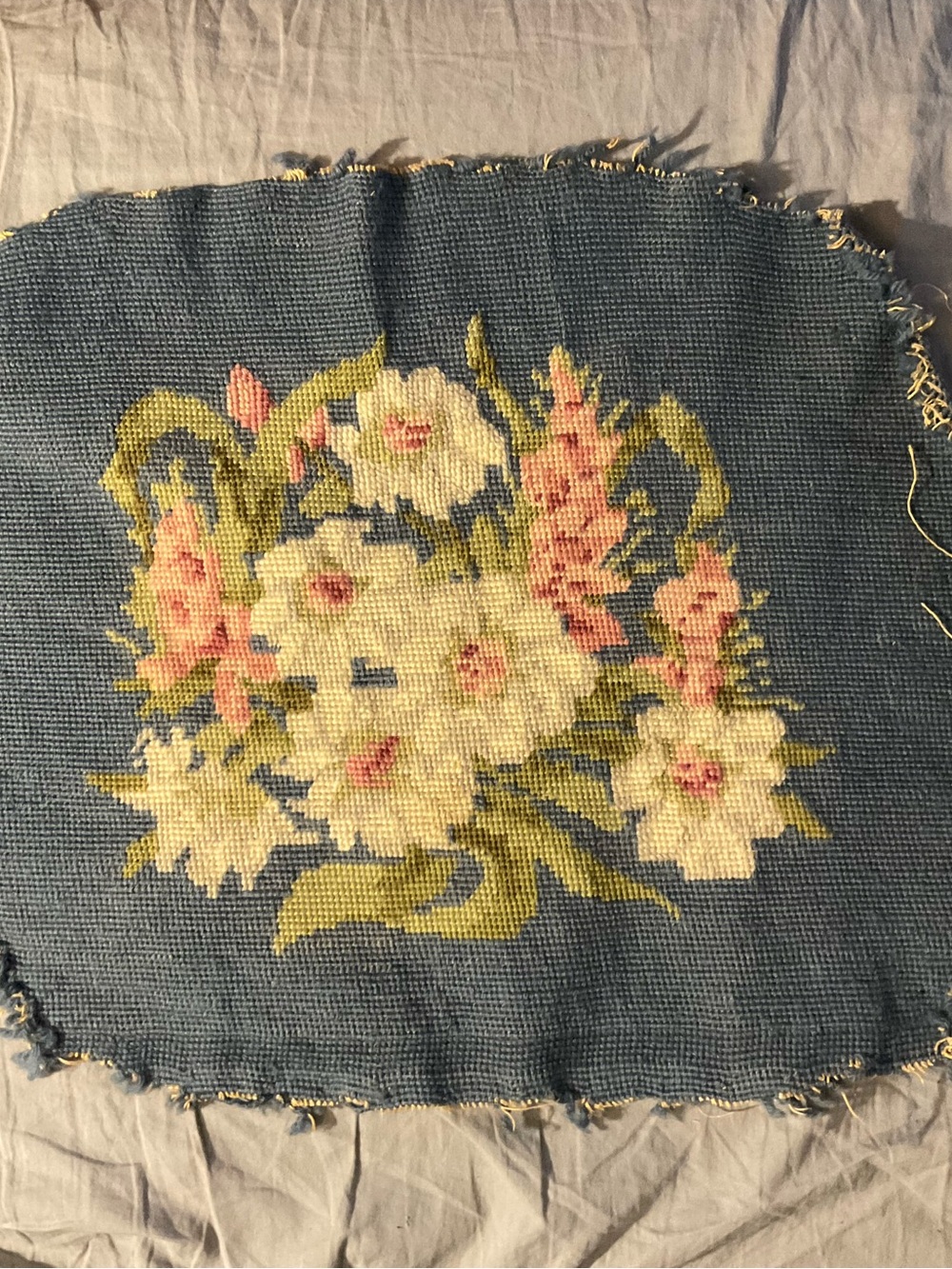 Handmade Blue Floral Needlepoint Cushion Panel